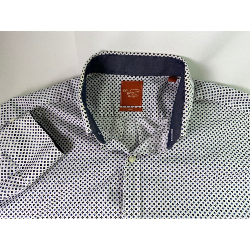 Original Penguin Heritage Slim Fit Shirt Mens 15 32/33 Blue Diamond Geo Dobby